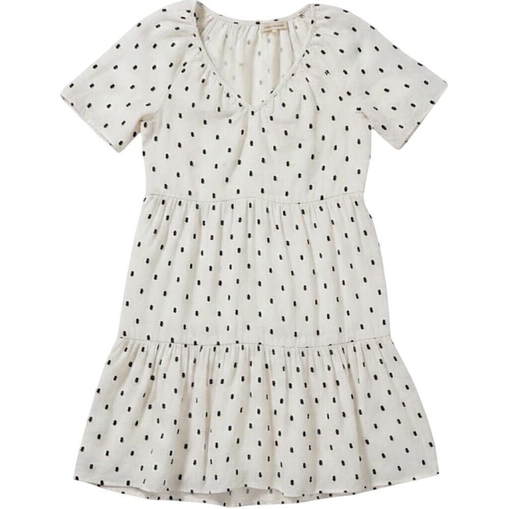 Madewell Mini Dress Babydoll Ivory Black Textured Dot Tiered V-Neck - XXS